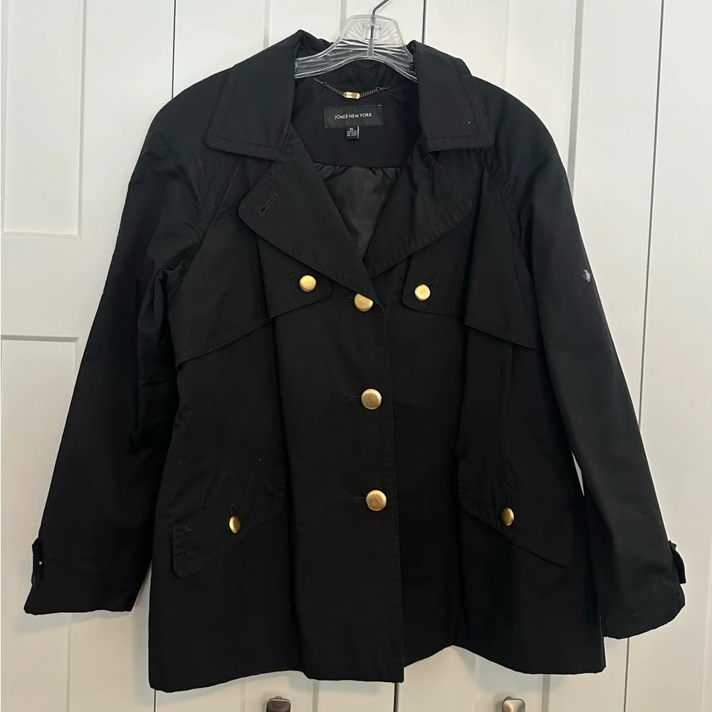 Jones New York Black Trench‎ Style Rain Jacket with Gold Buttons XL